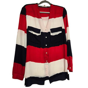 Joan Vass Casual Festive Red White & Blue Button Up Long Sleeve V-Neck Top Sz XL